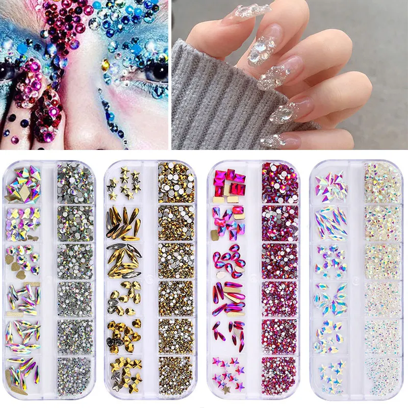 

12 Girds Colorful Nail Rhinestones Mixed Size Diamonds AB Flatback Shiny Crystal 3D Glitter Gems Nail Art Decorations Strass