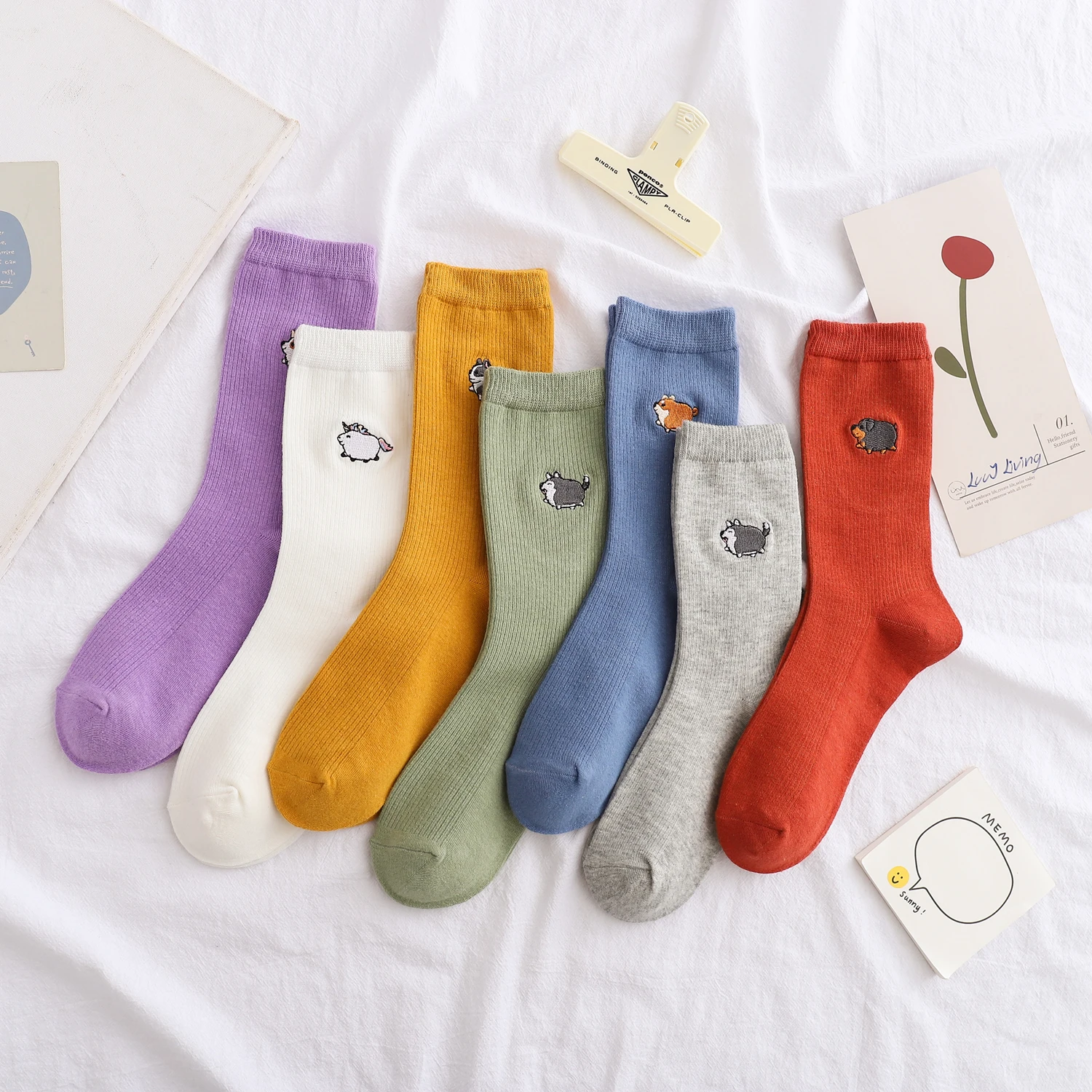 

5 Pairs Women High Stretch Breathable Socks Novelty Girl Cute Dog Embroidery Sock Comfortable Cotton Middle Tube Socks Wholesale