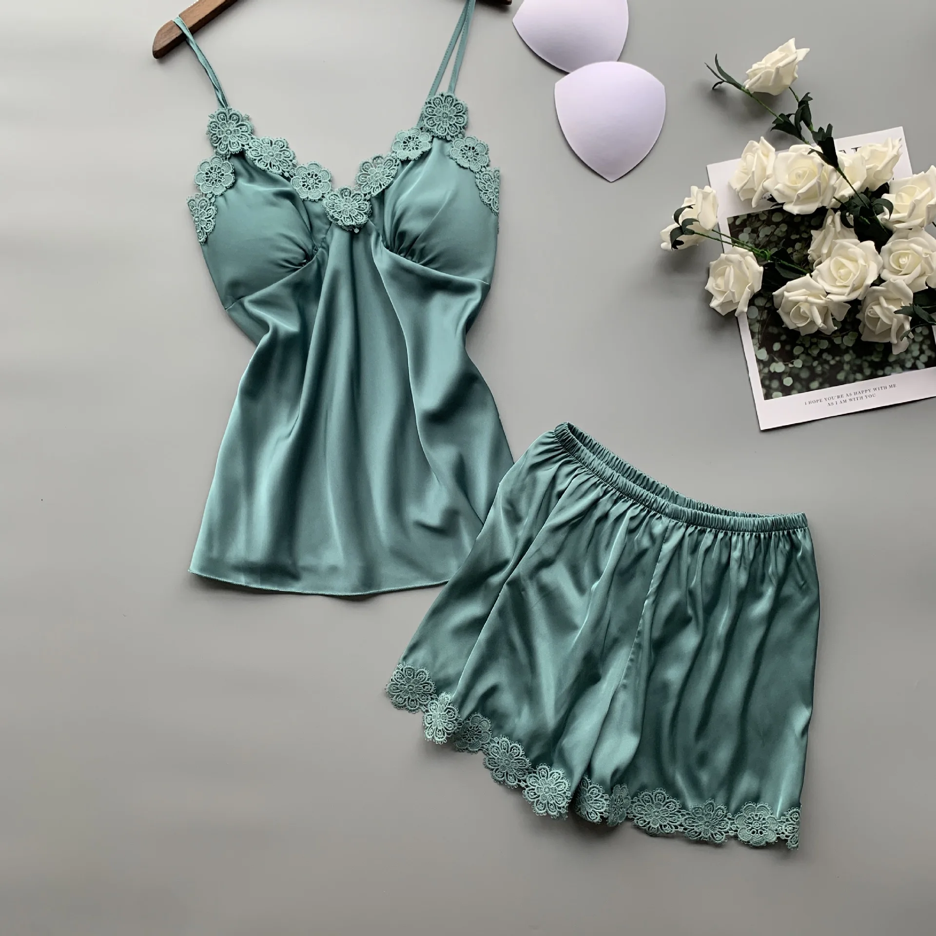 

Pajamas Suit Satin Women Strap Top&Shorts Silky Nightwear 2PCS Sleep Set Lace Pyjamas Intimate Lingerie Home Clothes Bathrobe