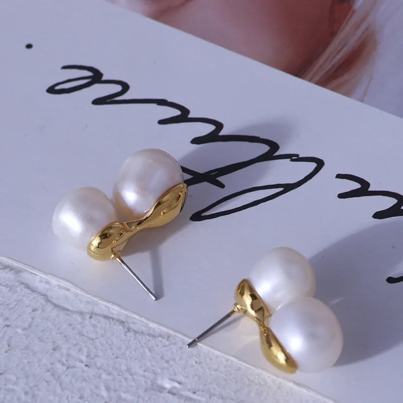 

Fashionable simple natural pearl double bead elegant temperament earrings