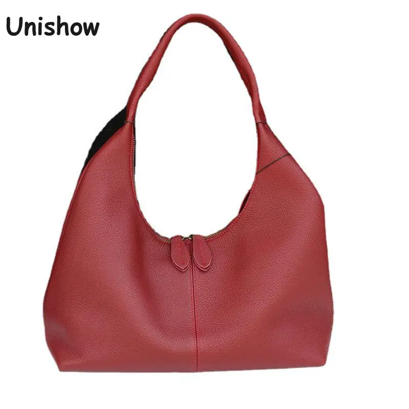 

Unishow Women Leather Bag Hobos Shape Shoulder Bag Female Totes Handbag Brand Designer Genuine Leather Underarm Bag Casual Style