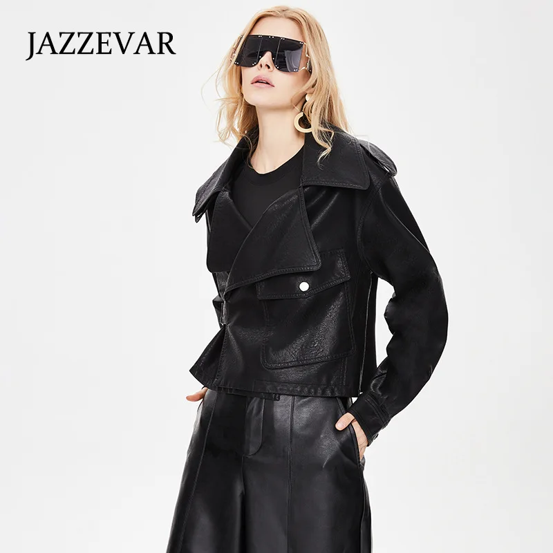 JAZZEVAR 2023 Spring New Short Jacket PU Leather Motorcycle Korean Loose Casual Suit Coats