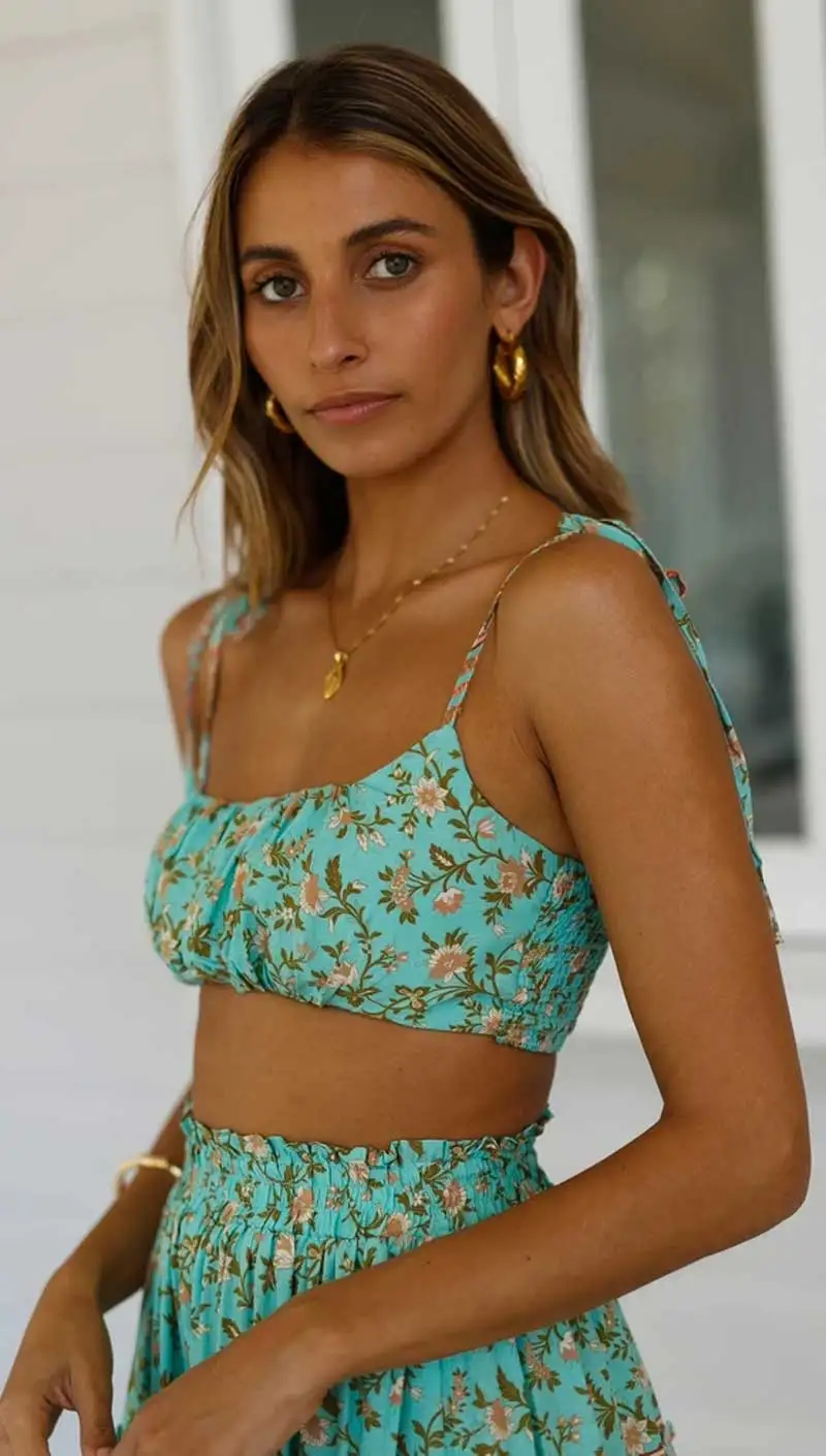 Женский комплект с юбкой в стиле бохо Модный цветочным принтом укороченный топ