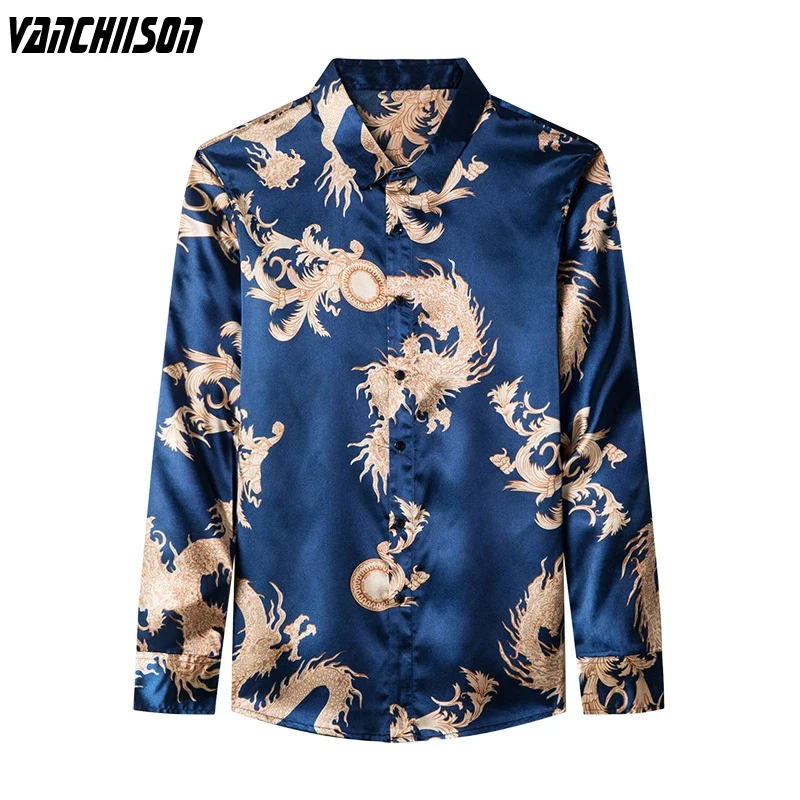 

Mens Brand Shirt Casual Dragons Print Chiense Style 95% Polyester for Male Summer Spring Long Sleeve Turndown Collar A08231405