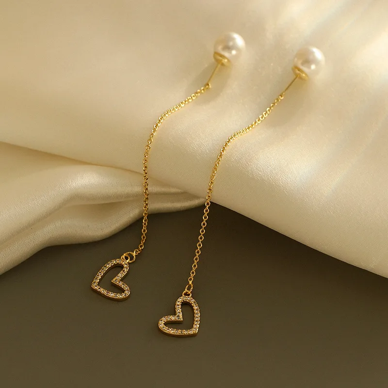 

2021 New Classic Pearl Pendant Peach Heart Love Modeling Ear Line Fashion Korean Jewelry For Woman Party Girls Dangle Earrings