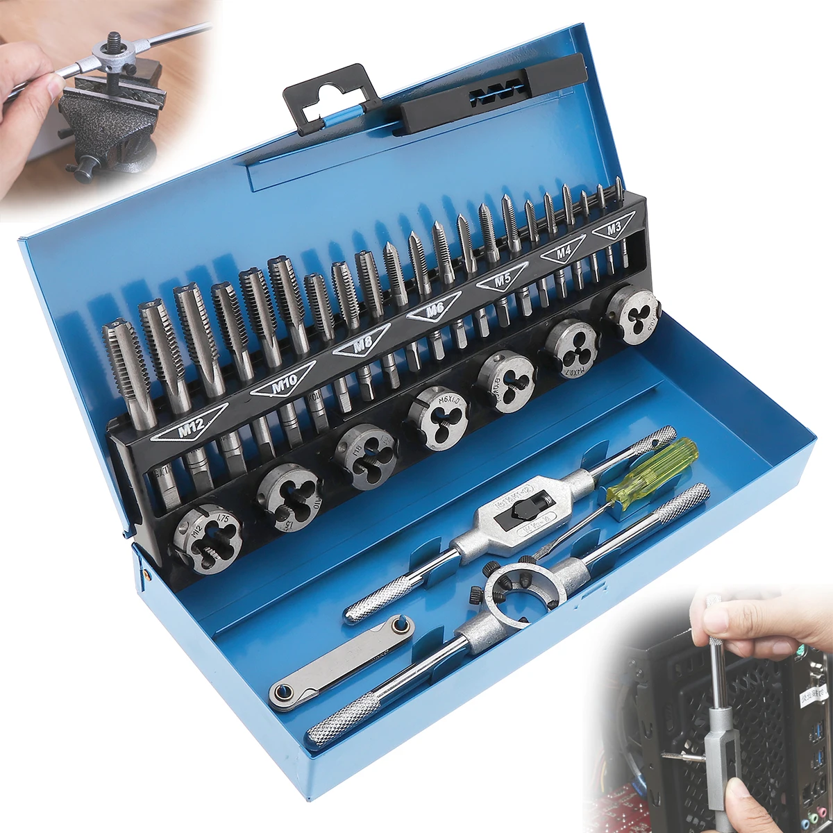

32pcs Alloy Steel Metric Tap & Die Set M3/M4/M5/M6/M8/M10/M12 55 Degree Cylindrical Pipe Right Thread for Metalworking Drilling