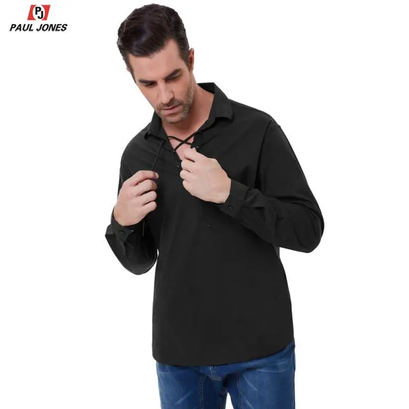 Мужские футболки с длинным рукавом в стиле пирата Ренессанса на шнуровке