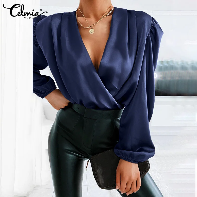 

Women Fashion Satin Blouses Celmia Spring Long Sleeve Sexy V-Neck Tops Elegant OL Solid Party Slik Blusas Casual Office Tunic