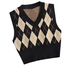 Женский свитер с рисунком ромбиками, универсальный трикотажный контрастный Короткий Джемпер с V-образным вырезом, узкие Джемперы без рукавов, трикотажные топы с V-образным вырезом