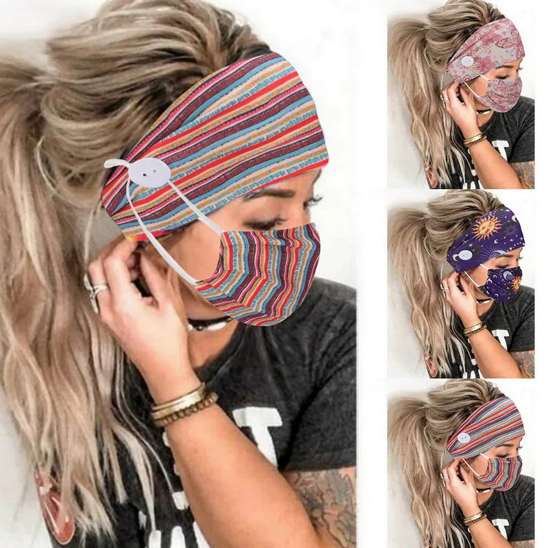 

2021 Fashion Chrismas Dyed Button Anti-Leash Facial Cover & Printed Head Accessories Soft Yoga Sports Elastic 2Pcs Set