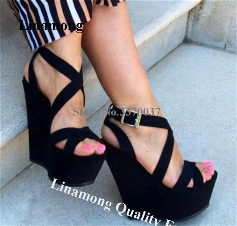

Linamong Newest Suede Leather Straps Cross High Platform Wedge Sandals Black White Ankle Straps Buckles Sandals Big Size Wedges