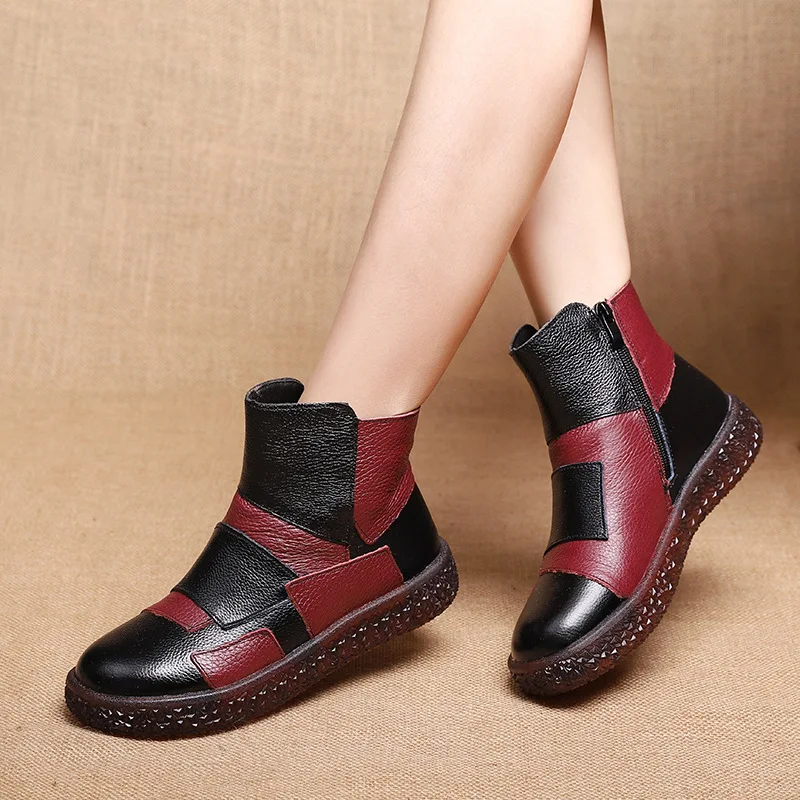 

2021New Spring Soft Bottom Flat With Boots Casual Leather Handmade Stitching Women shoes Winter Round Toe Characteristic