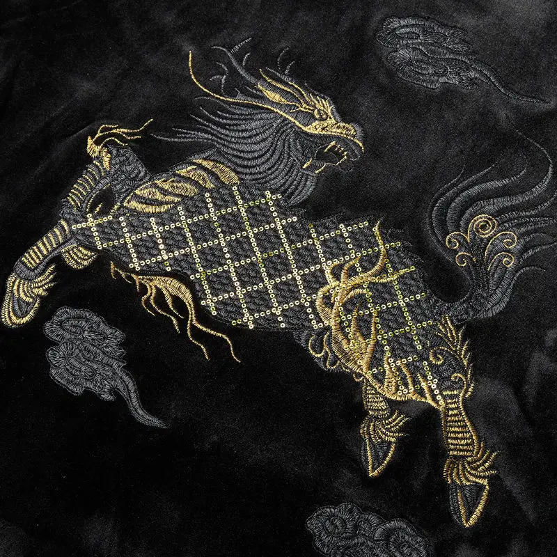 

Chinese style Kirin Embroidered Gold Velvet Leisure Outfits Men's Fall/Winter Korean Style Loose Large Size Two-Piece Set
