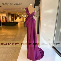 2022 elegant dark purple mermaid evening dresses v neck spaghetti straps satin party gown saudi arabia beading prom dress