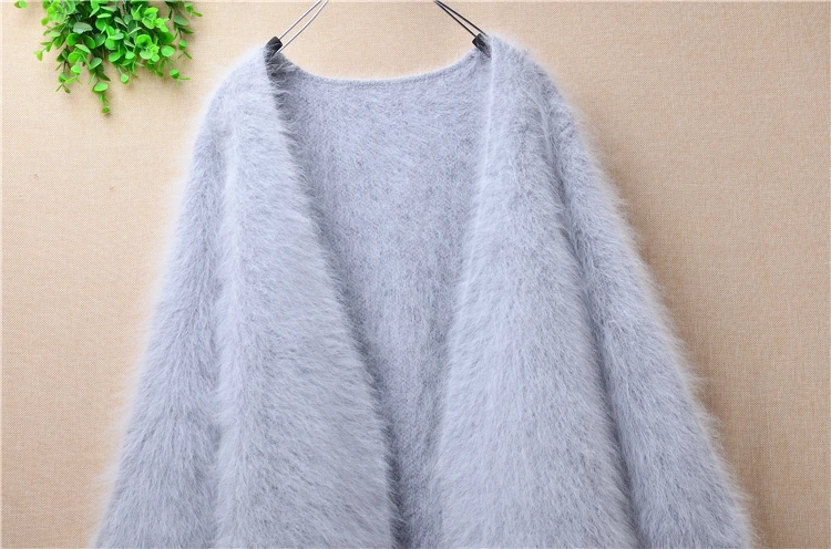 

ladies women fashion grey fluffy real angora rabbit fur knitting V-neck cardigans mink fur fall winter jacket coat sweater pull