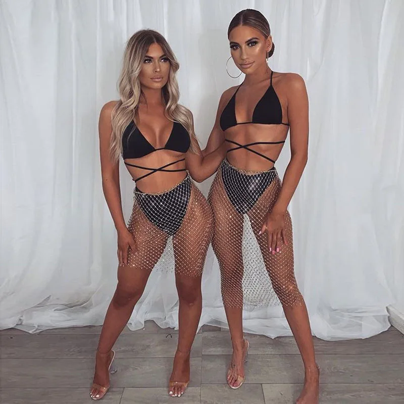 Блестящие стразы сетчатая юбка в сеточку летняя пляжная пикантная накидка с