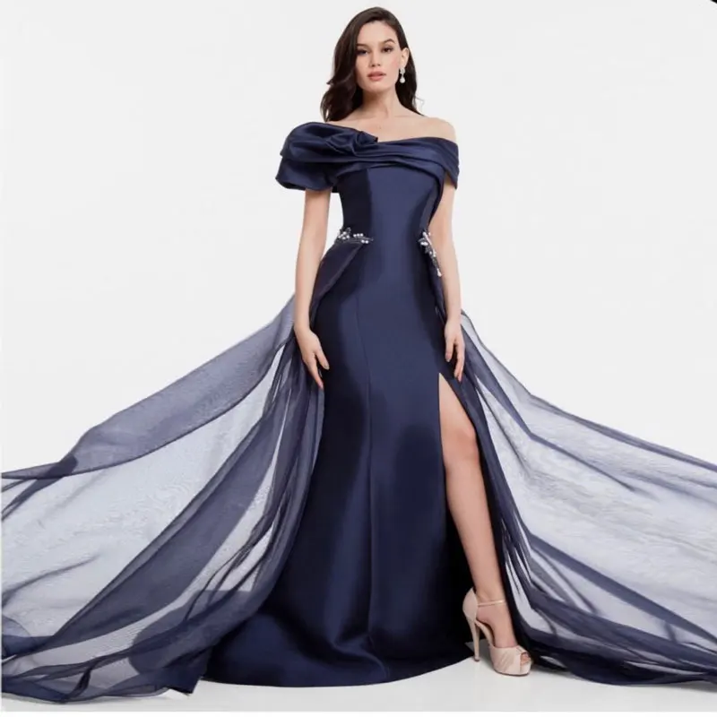 

Женское вечернее платье с V-образным вырезом, темно-синее платье с открытыми плечами для выпускного вечера, 2019