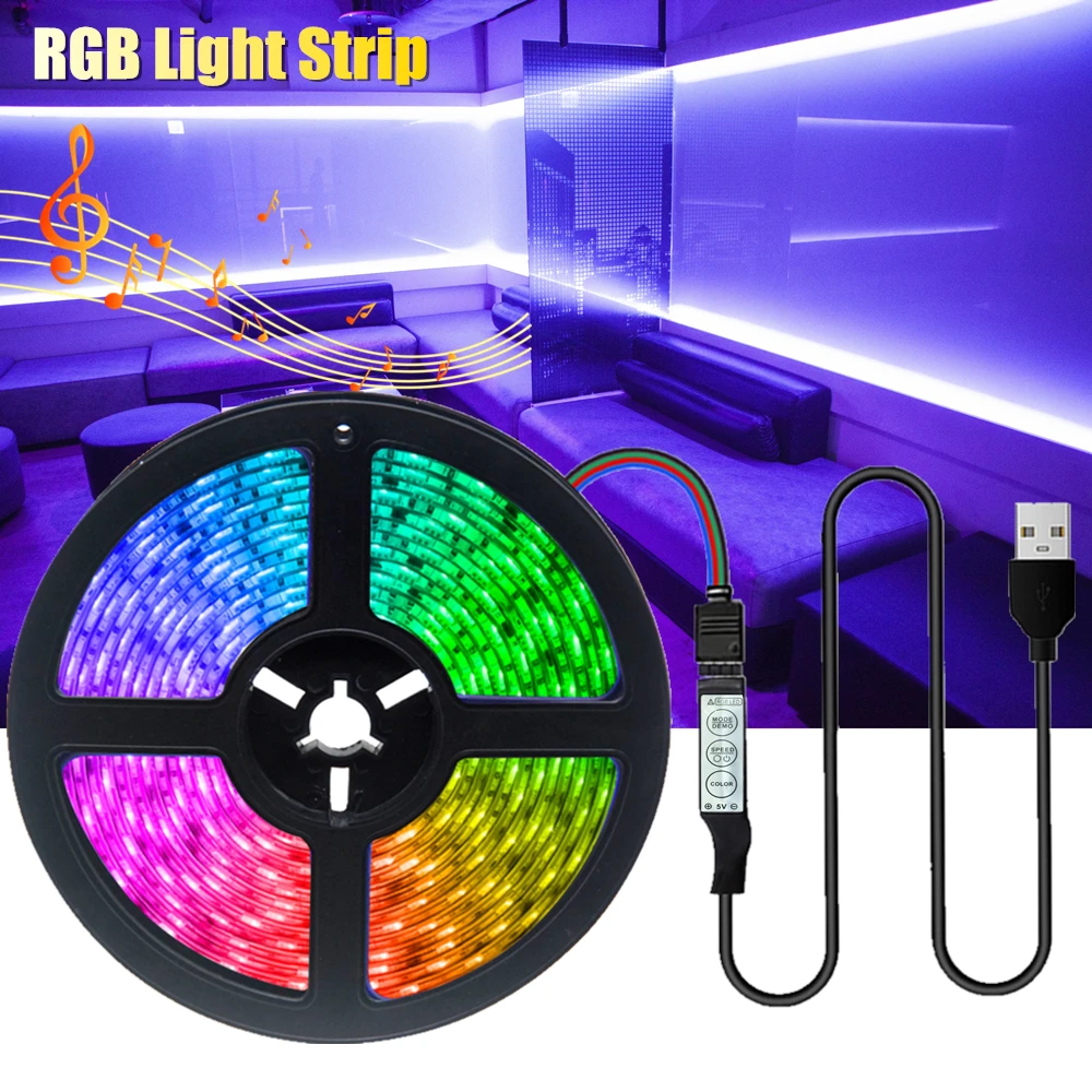 

DC5V Desk BackLight 5M LED Strip Lights RGB 2835 Decoration USB Cable 3Key Control Flexible Lamp Tape Diode Ribbon Lighting