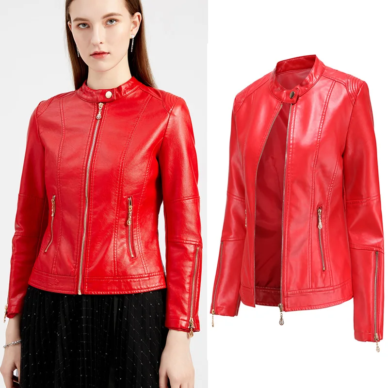 Куртка женская из искусственной кожи короткая на молнии весна-осень с длинным