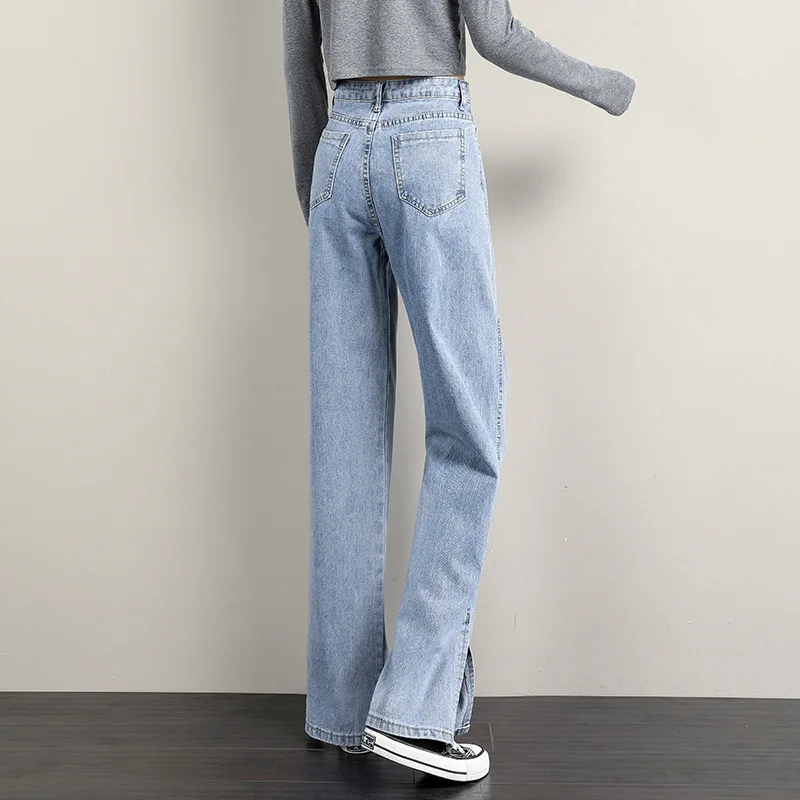 

Vintage Blue Straight Jeans Women Baggy Split Pants Y2K Fashion Cowboy Female Loose Streetwear High Waist Trousers Mom Jeans 30