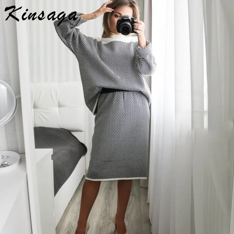 

Women Sweater Two Piece Knitted Sets Jacquard Knit Tracksuit Chic Pullover Crewneck Long Sleeve Top+knitted Pencil Skirts