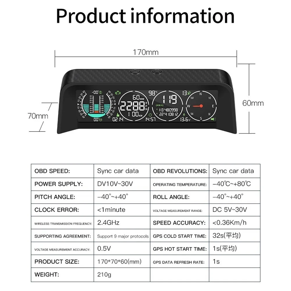 

Head Up Display Car GPS OBD Speed Slope Meter Inclinometer Pitch Tilt Angle Protractor Clock Voltage Clock Over Speed Alarm