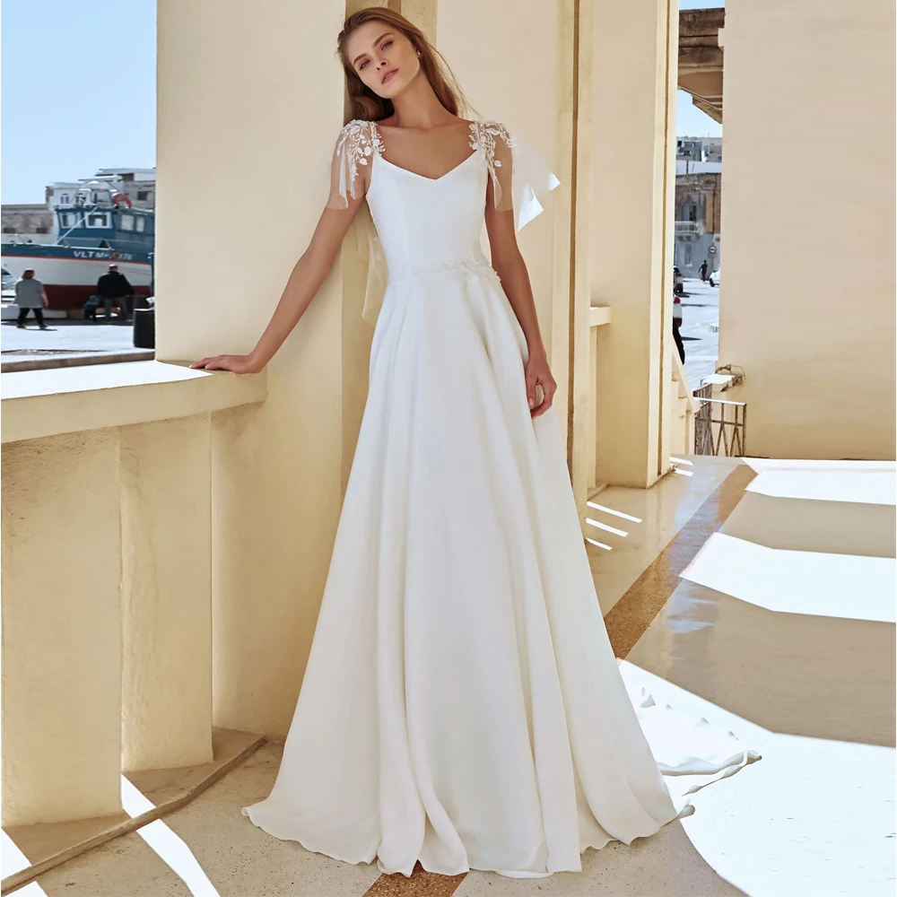 

Exquisite A-Line Wedding Dresses High Quality Jersey V-Neck Appliques Short Sleeve Zipper Back Buttons 2021 Bridal Gowns