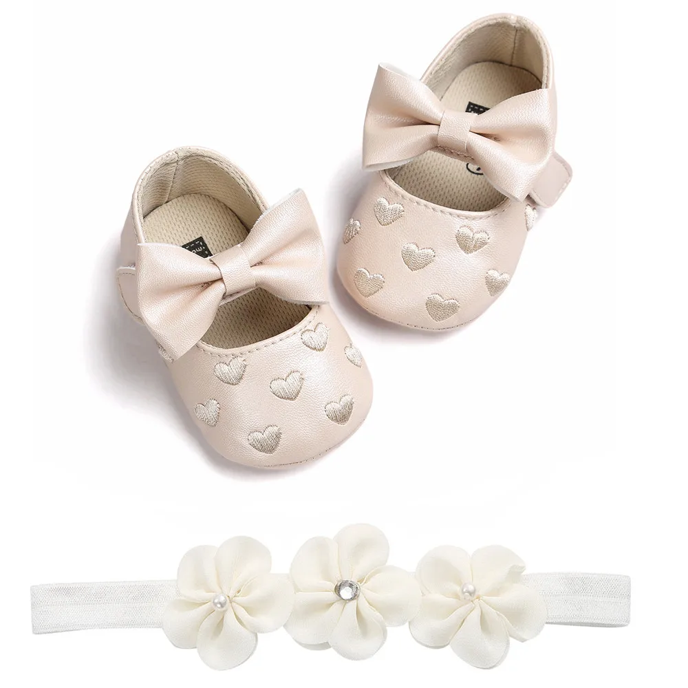 

Baby Love Embroidery Leather Fashion Toddler First Walkers Kid Shoes+1PC Hairban Infant Kids Soft Rubber Sole Baby Shoes