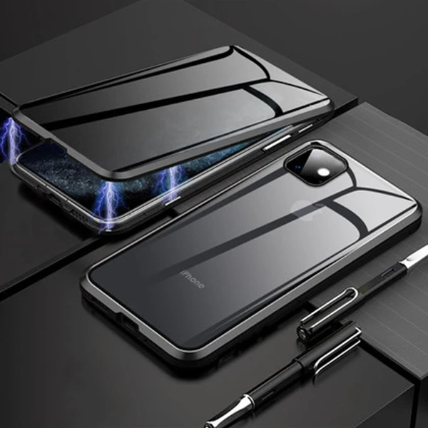 Черный Роскошные Чехлы с закаленным стеклом для iPhone 11, чехол, не подсвечивающий Магнитный чехол, чехол для Apple iPhone 11 Pro Max 360, полный Чехол - Цвет: Черный