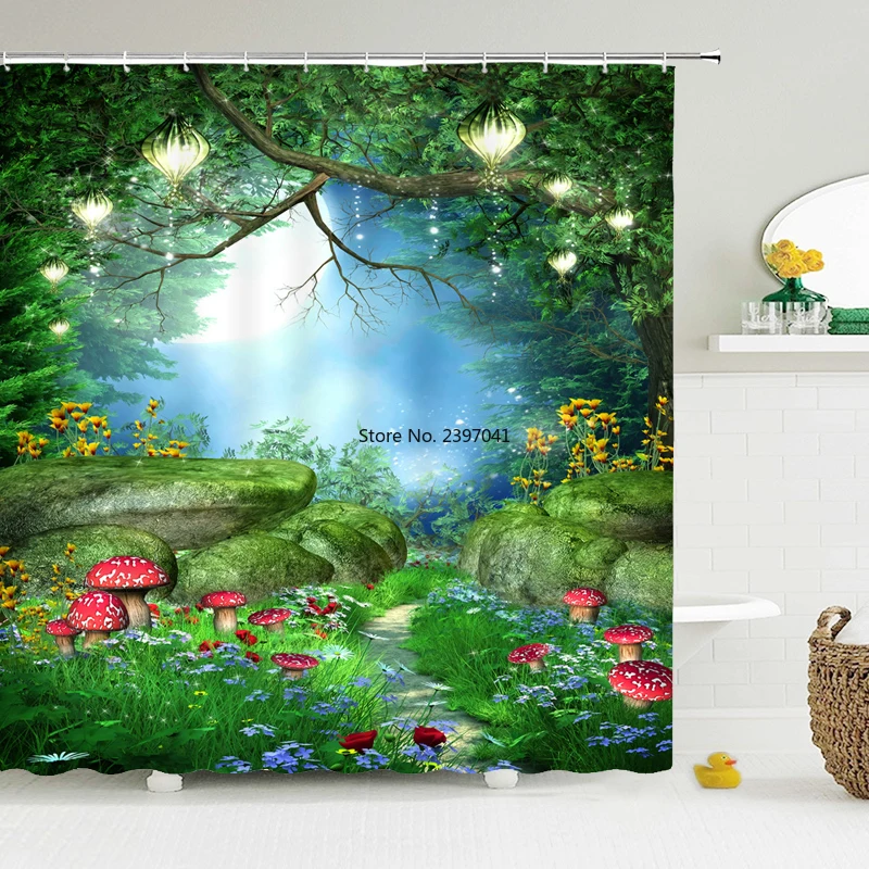 

Castle Cartoon Fantasy Shower Curtain Waterproof Bathroom Screen Children Mushroom House Print Bath Polyester Shower Curtain