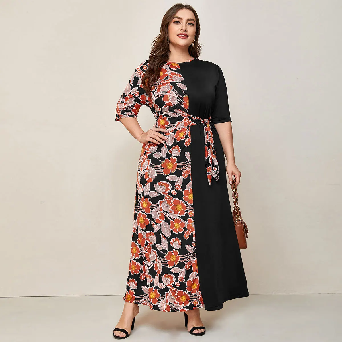 

2021 Autumn Dress Women Three Quarter Sleeve Floral Print Patchwork Elegant Dress Belted 4xl 5xl Plus Size Women Clothing