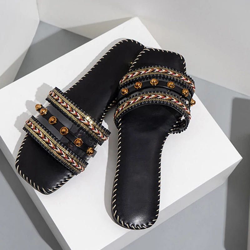 

Women Bohemia Square Toe Slippers 2021 Woman Metal Rivet Slides Sewing Flats Female Summer Casual Shoes Ladies Big Size Footwear