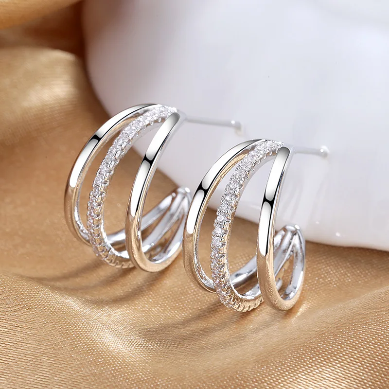 

Women's Fashion C-shape Stud Earrings Shiny Crystal Paved Multilayer Geometric Earring Piercing Stud Jewelry Female Trendy Gifts