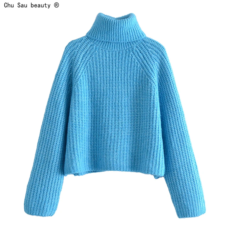 

Женский однотонный короткий свитер, повседневный Свободный пуловер с высоким воротником и длинным рукавом, в Корейском стиле, Осень-зима 2021