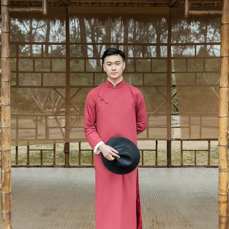 

Traditional Chinese clothing red robe costume men cotton and linen gown Chinese College Students costumes cross talk costume