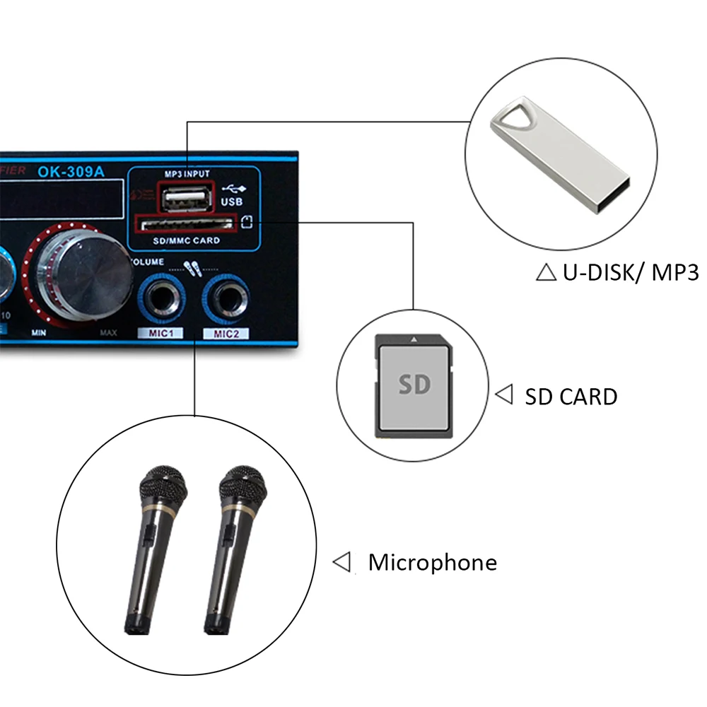 Hi Fi усилитель мощности 2 канала 800 Вт 12/220 В FM SD микрофон Bluetooth дистанционное
