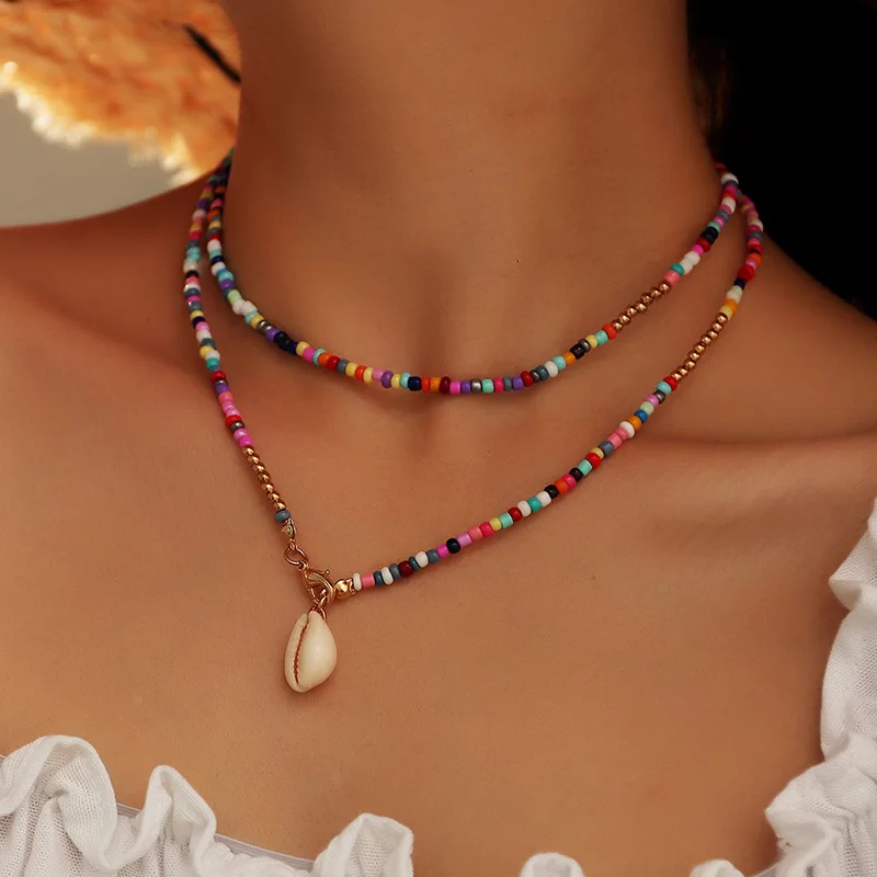 

Bohemian Colorful Seed Bead Shell Choker Necklace Statement Short Collar Clavicle Chain Necklace for Women Multilayer Jewelry