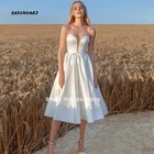 Женское Короткое свадебное платье It's yiiya, Белое Атласное ТРАПЕЦИЕВИДНОЕ ПЛАТЬЕ до колена с жемчужинами на лето 2019