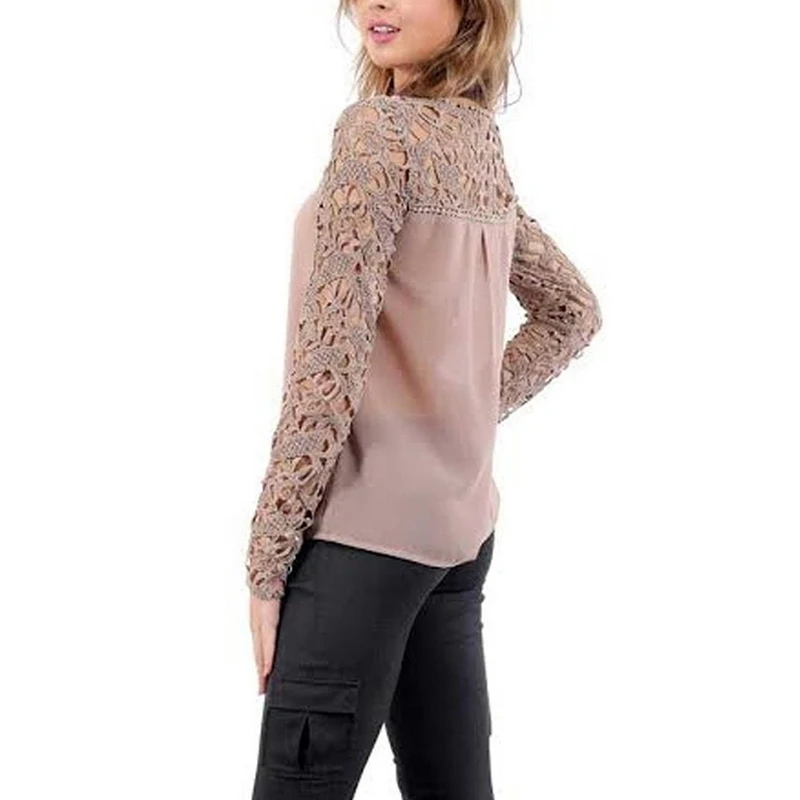 2019 Mulheres rosa Lace oco manga comprida blusa blusas para mulheres camisas |