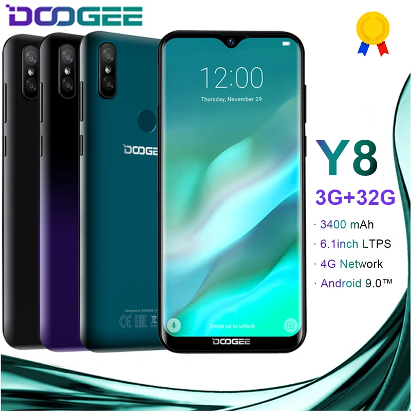 Смартфон DOOGEE Y8 Android 9 0 4G LTE 6 1 дюйма 19:9 экран LTPS Waterdrop MTK6739 3 Гб ОЗУ 32 ПЗУ 3400 мАч две sim