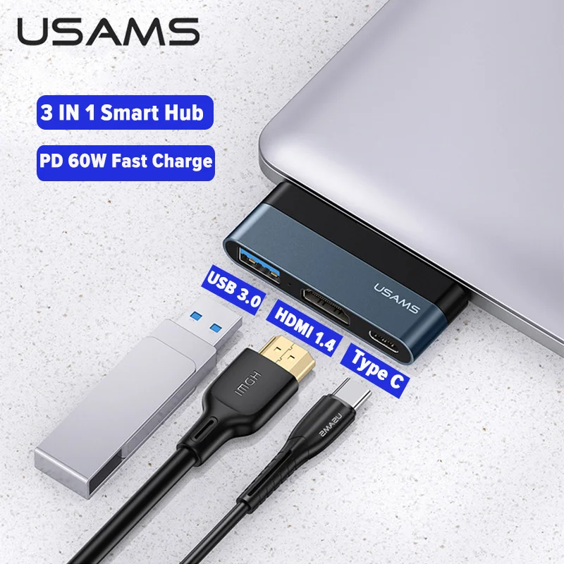 

USAMS Type-C Mini Hub USB 3.0 2.0 To HDMI 4K Splitter Adapter For iPad Pro/Laptop/Phone/PC USB C Hub Expander With PD 60W Charge