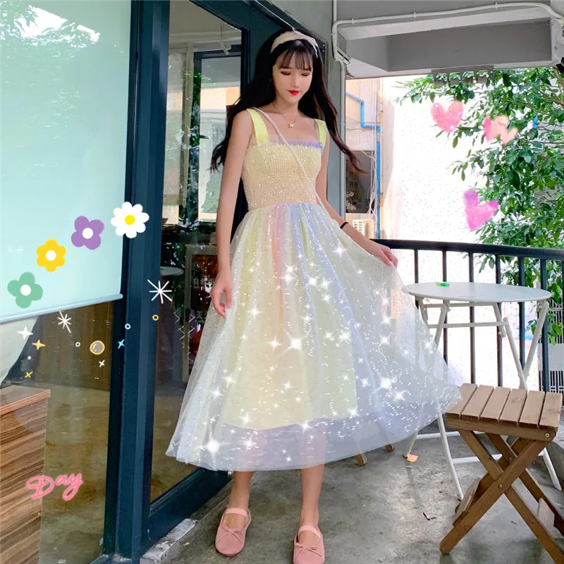 

Summer Dress Japanese New Women 2019 Sweet High Waist Rainbow Dress Sleeveless Mid-Length Lolita A-Line Sweet Dress