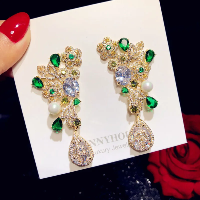 

Jewelry Drop Earrings For Women Artificial Emerald Palace Long Flower Water Drop Cubic Zirconia Fine Jewelry Elegant Brincos