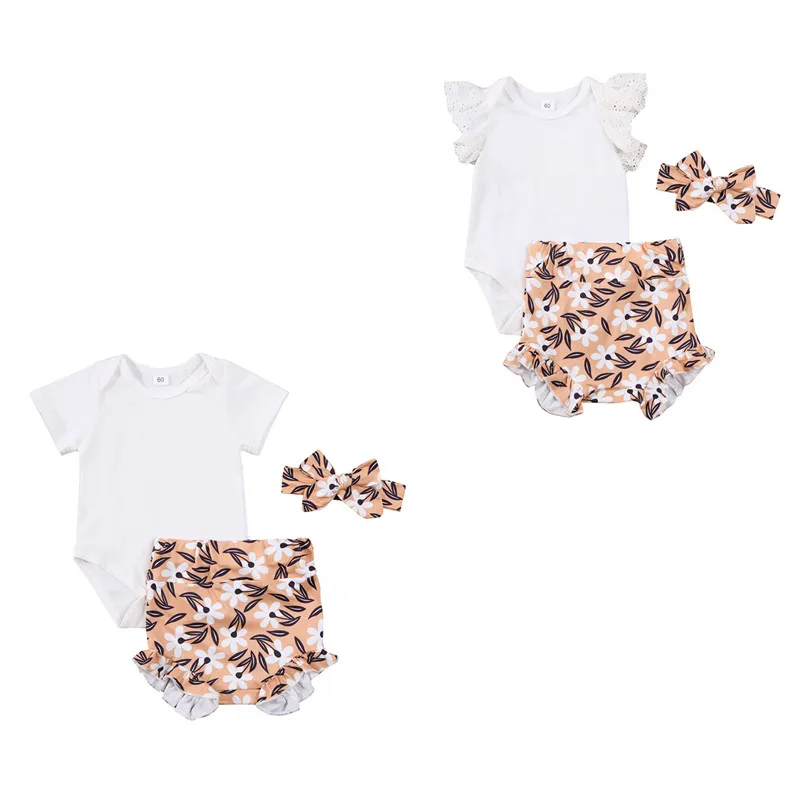 

Three Piece Baby Girls Clothes Set Fresh Solid Color Fly/Short Sleeve Romper and Flower Short Pants with Headband 0-24Months