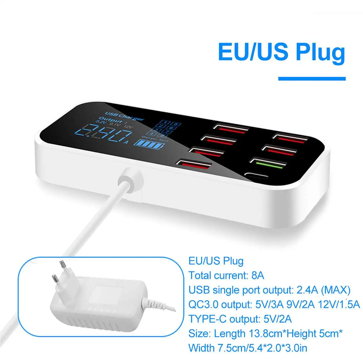 

USB Phone Charger QC3.0 40W USB C Type C Fast Charger 8 Ports 2.4A Digital Display Charging Station Portable Travel Charger