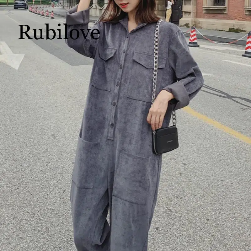 Женский Осенний вельветовый комбинезон Серый Повседневный Свободный с