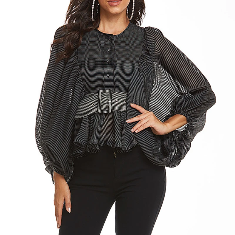 

SeeBeautiful Casual Shirt Female Simple Round Collar Big Lantern Sleeve Belt Waist Striped Summer 2020 New Fashion Tide L366