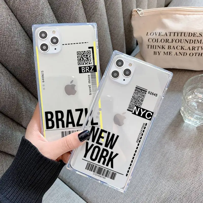 

Air ticket Phone Case For iPhone 7 8 11 12 X XS XR MINI Pro Max Plus Clear Square Transparent
