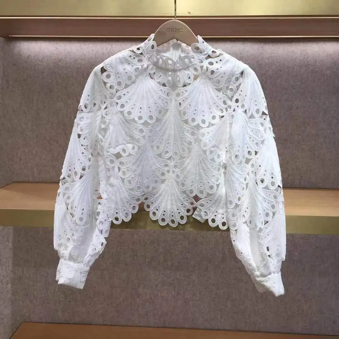 

Women Sweater021 Amoi Water-soluble Flower Hollow Large Lace Lace Stand-up Collar Crop Top