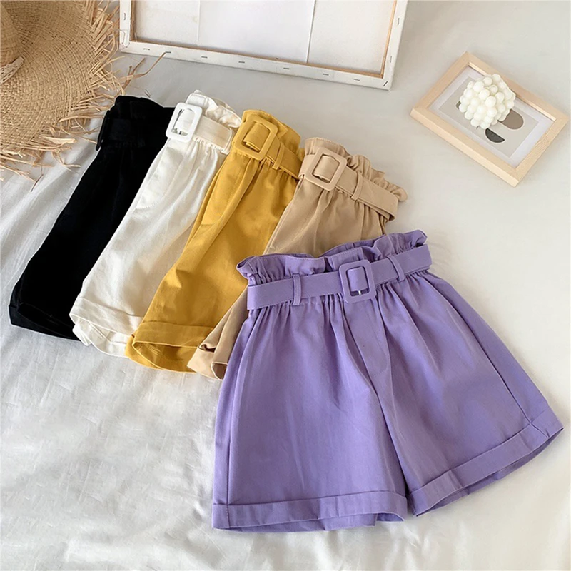 

2021 Summer Korean Shorts Women Elegant Fashion High Waist Casual Solid Wide Leg Loose Cotton Short Pants With Belt Sweet Girls